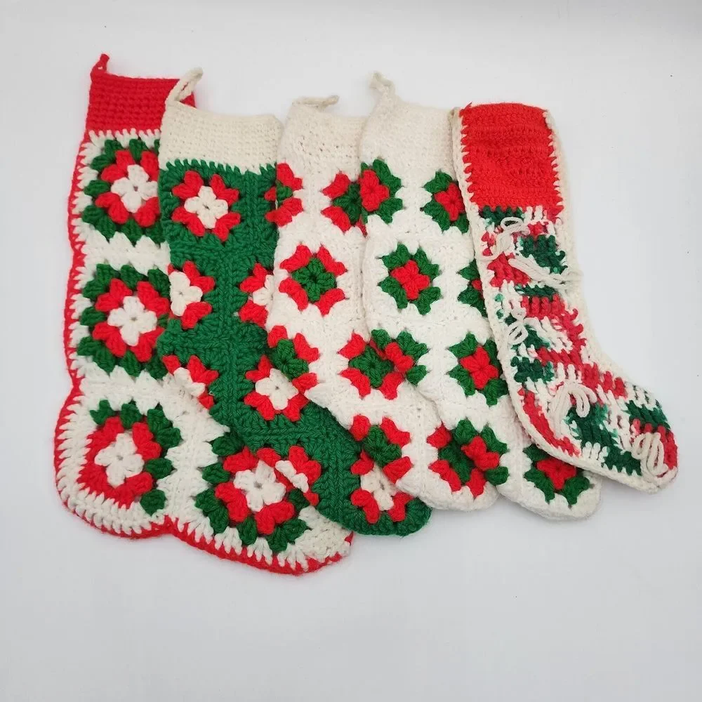Lot of 5 Granny Square‎ Christmas Stockings Crochet Afghan Red Green White Boho